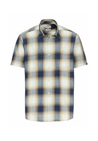 Kurzarmliges kariertes Hemd in Blau, Creme und Beige. Mit zwei Brusttaschen und einem Button-Down-Kragen. Aus einem leichten Stoff gefertigt.