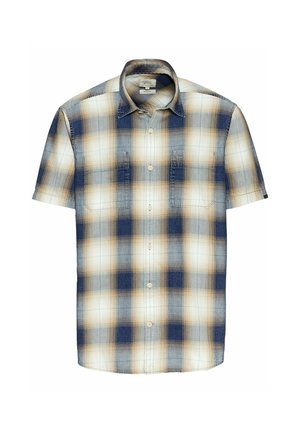 Short-sleeve plaid shirt in blue, cream, and tan. Features two chest pockets and a button-down collar. Made from a lightweight fabric.