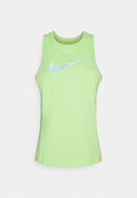 Jasnozielony, bezrękawnik z okrągłym dekoltem oraz niebieskim logo Nike w formie „swoosh” na przodzie, wykonany z miękkiego materiału bawełnianego.