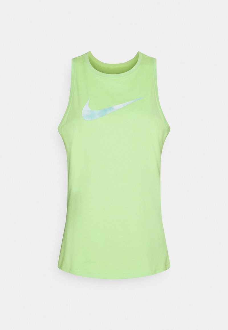 Jasnozielony, bezrękawnik z okrągłym dekoltem oraz niebieskim logo Nike w formie „swoosh” na przodzie, wykonany z miękkiego materiału bawełnianego.