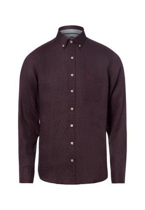 Dunkellila Hemd mit langen Ärmeln, Knöpfen, einem geknöpften Kragen und einer Brusttasche auf der linken Seite.