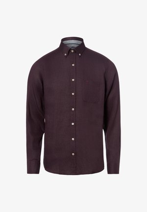 Dunkellila Hemd mit langen Ärmeln, Knöpfen, einem geknöpften Kragen und einer Brusttasche auf der linken Seite.