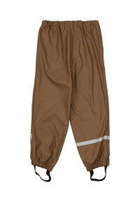 Bruine waterdichte broek met een elastische tailleband, verstelbare enkelbandjes en een reflecterende streep over het onderbeen.