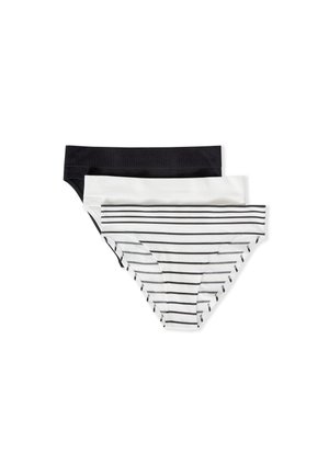 Three pairs of women's briefs: a solid black, a solid white, and a white pair with black stripes. Made from soft, stretchy fabric.