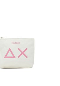 Sacca in tela di colore bianco sporco con grafiche rosa: triangolo e croce. Presenta una chiusura a zip e una texture resistente.