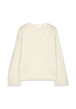 Cremfarbener Pullover mit V-Ausschnitt und langen Ärmeln aus gestricktem Material, mit gerippten Bündchen und Saum an der Unterkante, in einem lässigen, leicht verkürzten Schnitt.