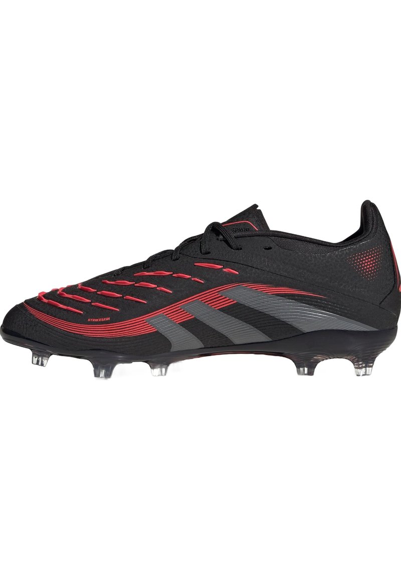Black soccer cleat with red accents and gray stripes, featuring a textured upper and clear studs for traction. Lightweight and streamlined design.