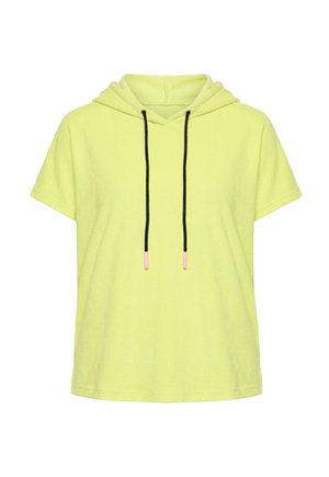 Kortærmet gul hættetrøje med løs pasform og sorte snore med pink ender, forfra på hvid baggrund.