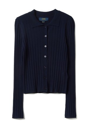 Marineblauer, gerippter Strickcardigan mit langen Ärmeln, Knopfleiste vorne und kleinem Kragen, Größe EU 38.