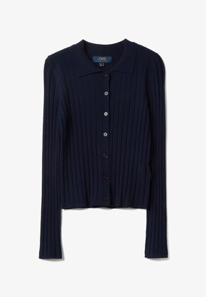 Marineblauer, gerippter Strickcardigan mit langen Ärmeln, Knopfleiste vorne und kleinem Kragen, Größe EU 38.