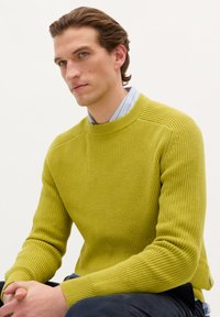Maglione a maglia di un vivace verde lime, con texture a coste e scollatura rotonda. Presenta maniche lunghe e una vestibilità comoda. Abbinato a una camicia con colletto sotto.