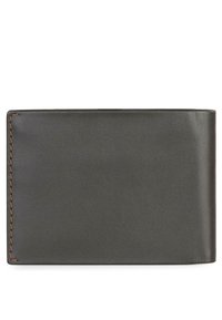 Cartera de cuero gris oscuro con una textura suave, forma rectangular y costura marrón a lo largo del borde. Sin herrajes ni patrones visibles.