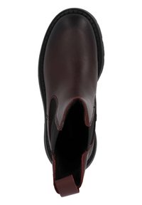 Bottines en cuir brun avec des panneaux élastiques sur les côtés et une languette. Semelle en caoutchouc noir texturé avec des coutures visibles le long des bords.