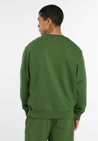 Sudadera verde hecha de un material suave, con un ajuste relajado y puños acanalados. La parte trasera tiene una textura lisa y uniforme, sin patrones.