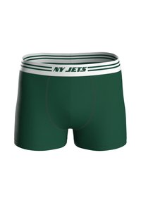 Zelené boxerky s bílým pasem, na kterém je nápis „NY JETS“ a dvě zelené pruhy. Hladká látka, přiléhavý střih a prošití detailů.