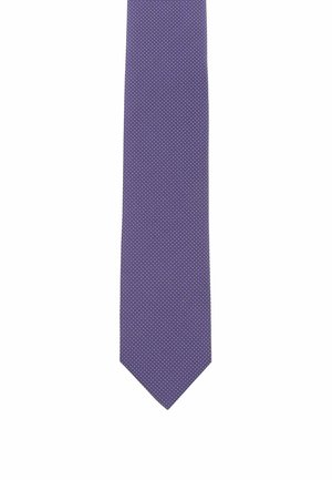 Purple tie featuring a textured design with small white dots, tapered end, and smooth fabric finish.
