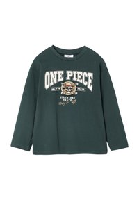 Dark green long-sleeve t-shirt made of cotton. Features "ONE PIECE" graphic with a skull and crossbones design. Casual fit, round neckline.