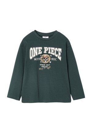 Dunkelgrünes langärmliges T-Shirt aus Baumwolle. Mit "ONE PIECE" Grafik und einem Schädel-und-Knochen-Design. Lässige Passform, runder Halsausschnitt.