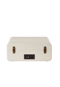 White crocodile-patterned case with brass hardware. Features a black panel with connection ports. Smooth textured finish, rectangular shape.