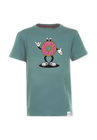 Teal värinen puuvillapaita, jossa on sarjakuvahahmo vaaleanpunaisella donitsilla. Lyhyet hihat, pyöreä kaula-aukko ja huomaamaton logotagi helman kohdalla.