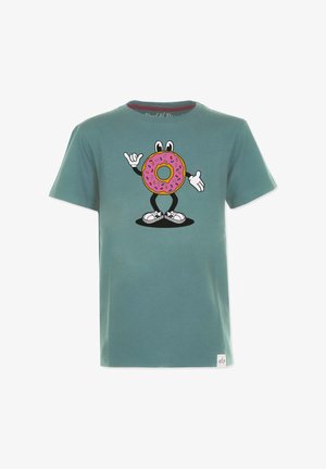 Teal värinen puuvillapaita, jossa on sarjakuvahahmo vaaleanpunaisella donitsilla. Lyhyet hihat, pyöreä kaula-aukko ja huomaamaton logotagi helman kohdalla.