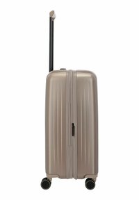 Maleta rígida plateada con asa negra extendida y cuatro ruedas negras sobre fondo blanco.