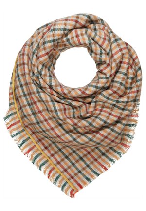 Soft wool scarf with orange, red, green, and beige plaid pattern and tasseled edges, folded in a triangular shape.