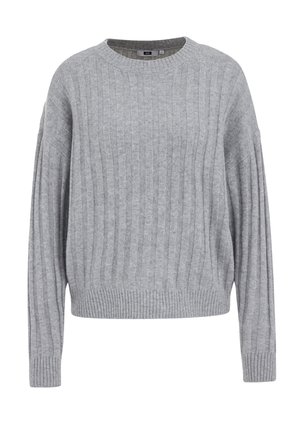 Hall hallitud kampsun vertikaalse soonikuga, ümara kaelusega ja pikkade varrukatega; iseloomustab lõdvestunud istuvus ja soonikust ääredetailid.