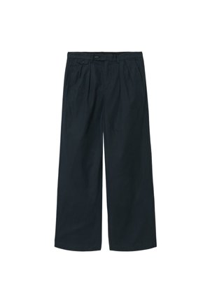 Bukser med vide ben i mørk marineblåt stof; har høj talje, forreste folder og to sidelommer; glat tekstur med lukning med to knapper.