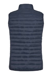 Granatowa pikowana kamizelka bez rękawów z poziomym przeszyciem i wysokim kołnierzem, widziana od tyłu.