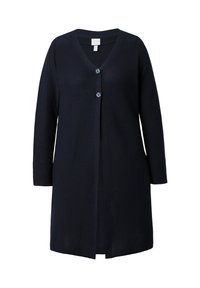 Cardigan long marine, texture côtelée, encolure en V, fermeture éclair à l'avant avec deux boutons, manches longues, design ouvert à l'avant.