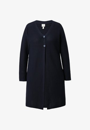 Marineblauer langer Cardigan, gerippte Textur, V-Ausschnitt, Frontknopfverschluss mit zwei Knöpfen, lange Ärmel, offenes Design vorne.
