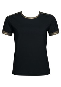 Czarny t-shirt z krótkim rękawem, ozdobiony metalicznym złotym wykończeniem na dekolcie i rękawach. Miękka tkanina o prostym, klasycznym kroju.