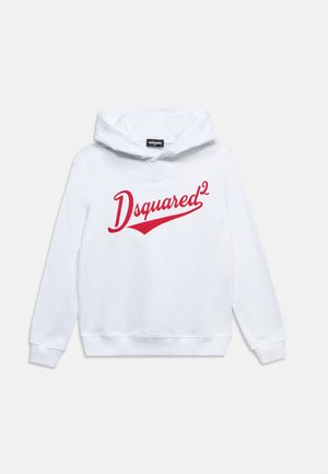 Hvid hættetrøje med rød "Dsquared²"-logo foran, lange ærmer, ribstrikkede manchetter og en hætte med et mærke indeni.