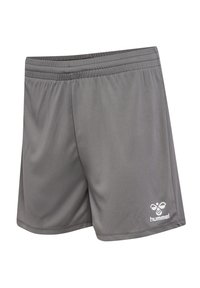 Grå sportshorts tillverkade av lättviktig tyg, med elastisk midja och en liten vit logotyp på nedre vänstra sidan.