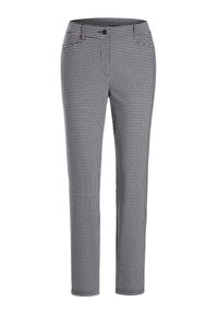 Pantalons à carreaux vichy noir et blanc avec fermeture à bouton, quatre poches, un design slim-fit et une texture de tissu lisse.