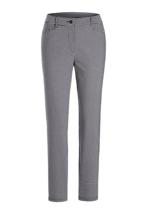 Zwart-witte geruite broeken met een platte voorkant, riemlussen en zijzakken. Gemaakt van een lichtgewicht stof met een slim fit ontwerp.