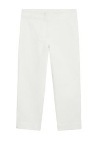 Plain white cropped pants with a straight leg and a small side slit at the hem, displayed on a white background.