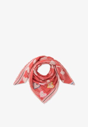 Red triangular scarf with white and multicolored heart patterns, decorative border, and fringed edges, laid flat and loosely folded.