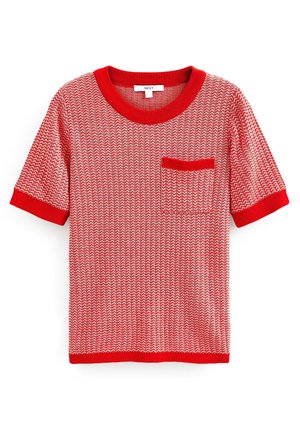 Red short-sleeve knit t-shirt featuring a textured zigzag pattern, rounded neckline, and a chest pocket with contrasting trim.