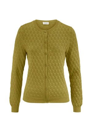 Olivgrüne Strickjacke mit rundem Ausschnitt, durchgehender Knopfleiste, langen Ärmeln und durchgehendem strukturiertem Zickzackmuster.