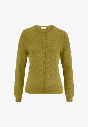 Olivengroene gebreide cardigan met ronde hals, knoopsluiting aan de voorkant, lange mouwen en een gestructureerd zigzagpatroon over het gehele kledingstuk.