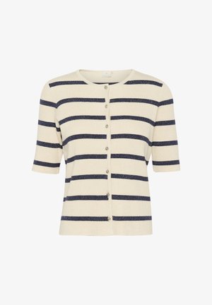 Cardigan crème à manches courtes et rayures horizontales bleu marine. Comprend des boutons sur le devant et un matériau en tricot texturé.