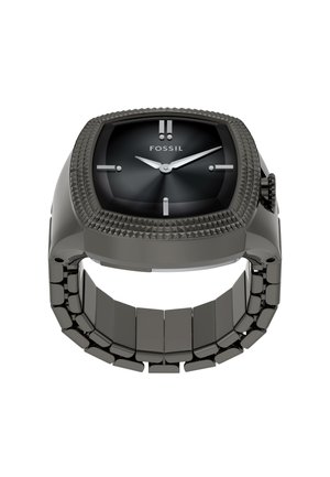 Sort Fossil håndledsur med tekstureret firkantet ramme, minimalistisk urskive, sølvfarvede timeindikatorer og kædet metalrem.