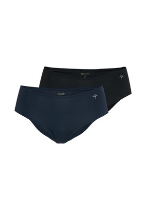 Zwei nahtlose Damen-Hipster-Slips in Schwarz und Navy mit kleinem silbernem Logo auf der linken Hüfte, gestapelt vor weißem Hintergrund.