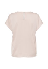 Blusa corta a maniche corte di colore rosa chiaro, caratterizzata da una vestibilità ampia, una texture morbida e una chiusura a chiave sulla schiena con un piccolo accento metallizzato.
