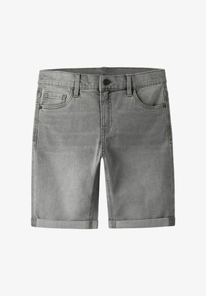 Grå denimshorts med en lige pasform, opbukkelige kanter, femlomme-design og knaplukning. Stoffet har en glat, let struktureret finish.
