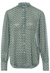Blouse légère bleu clair, manches longues, motif cachemire vert et noir, devant boutonné, et col orné de volants.