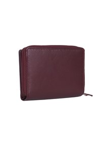 Dunkelrotes Lederportemonnaie mit einer Rundum-Reißverschlussöffnung, flachem Design und genähten Akzenten für ein elegantes Aussehen. Kompakte und funktionale Form.