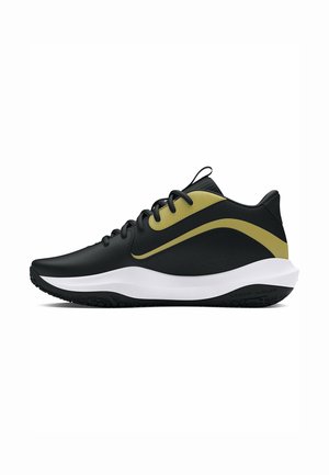 Sneaker sportivo basso nero e oro con lacci neri, suola bianca, suola nera testurizzata e linguetta con maniglia.